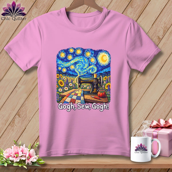 Pink t-shirt with Van Gogh starry night design featuring a sewing machine and the text "Gogh, Sew, Gogh!".