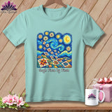 Light blue t-shirt with a Starry Night quilt design and text 