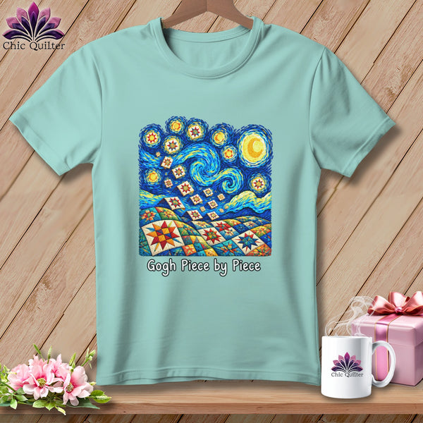 Light blue t-shirt with a Starry Night quilt design and text "Gogh Piece by Piece."