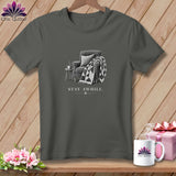 Dark grey t-shirt with an illustration of a chair, blanket, and text 