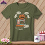 Pumpkin on sewing machine with ghosts and text "This may take a minute."