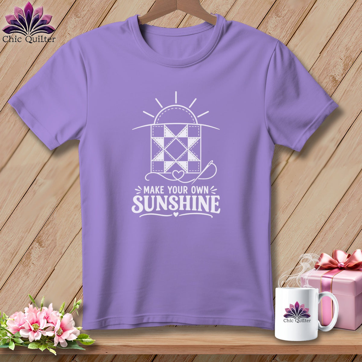 Purple t-shirt with "Make Your Own Sunshine" graphic and quilting elements.