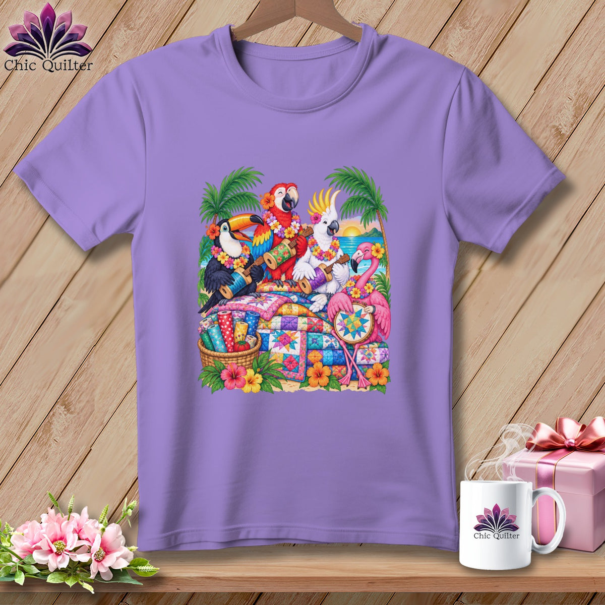 A purple short-sleeved t-shirt featuring a colorful tropical illustration of birds playing instruments with quilts.