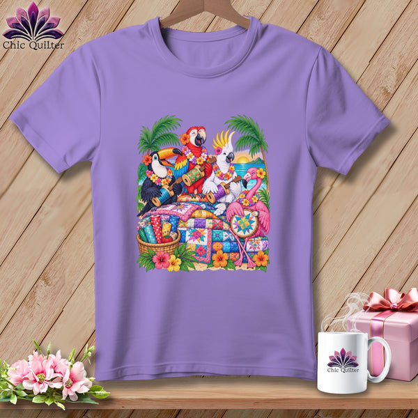 A purple short-sleeved t-shirt featuring a colorful tropical illustration of birds playing instruments with quilts.