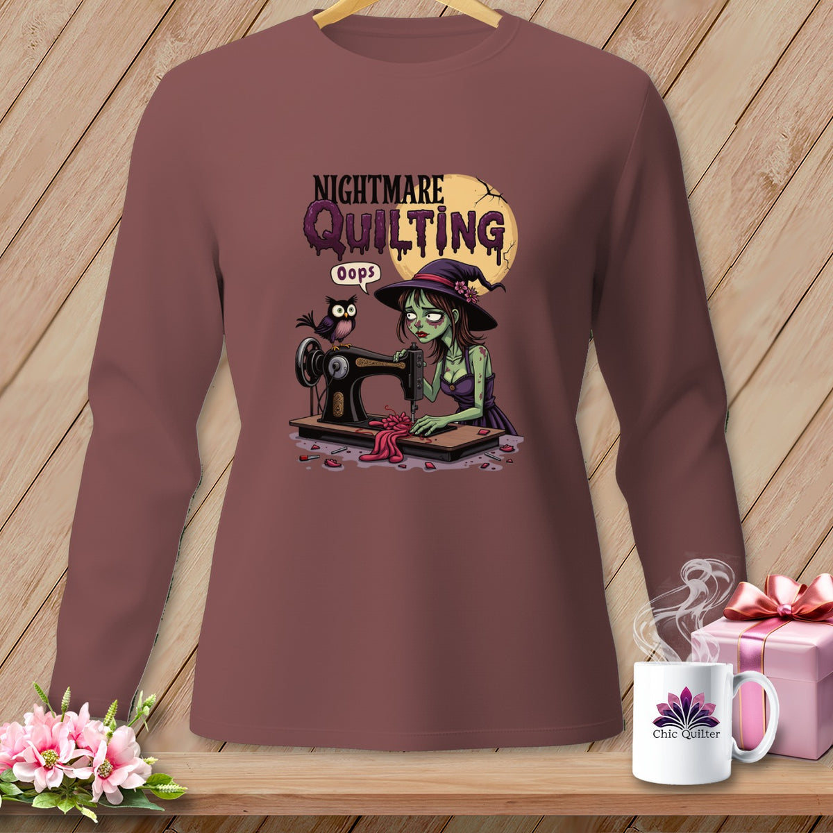 Zombie witch sewing with owl and text "Nightmare Quilting Oops".