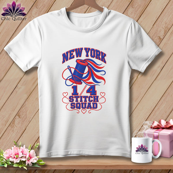 A white t-shirt features a blue and red graphic with a spool of thread and the text New York 1/4 Stitch Squad.