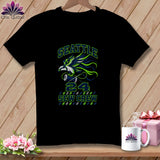 Black t-shirt featuring a blue and green Seattle Sew Crew graphic with a bird and spool of thread.