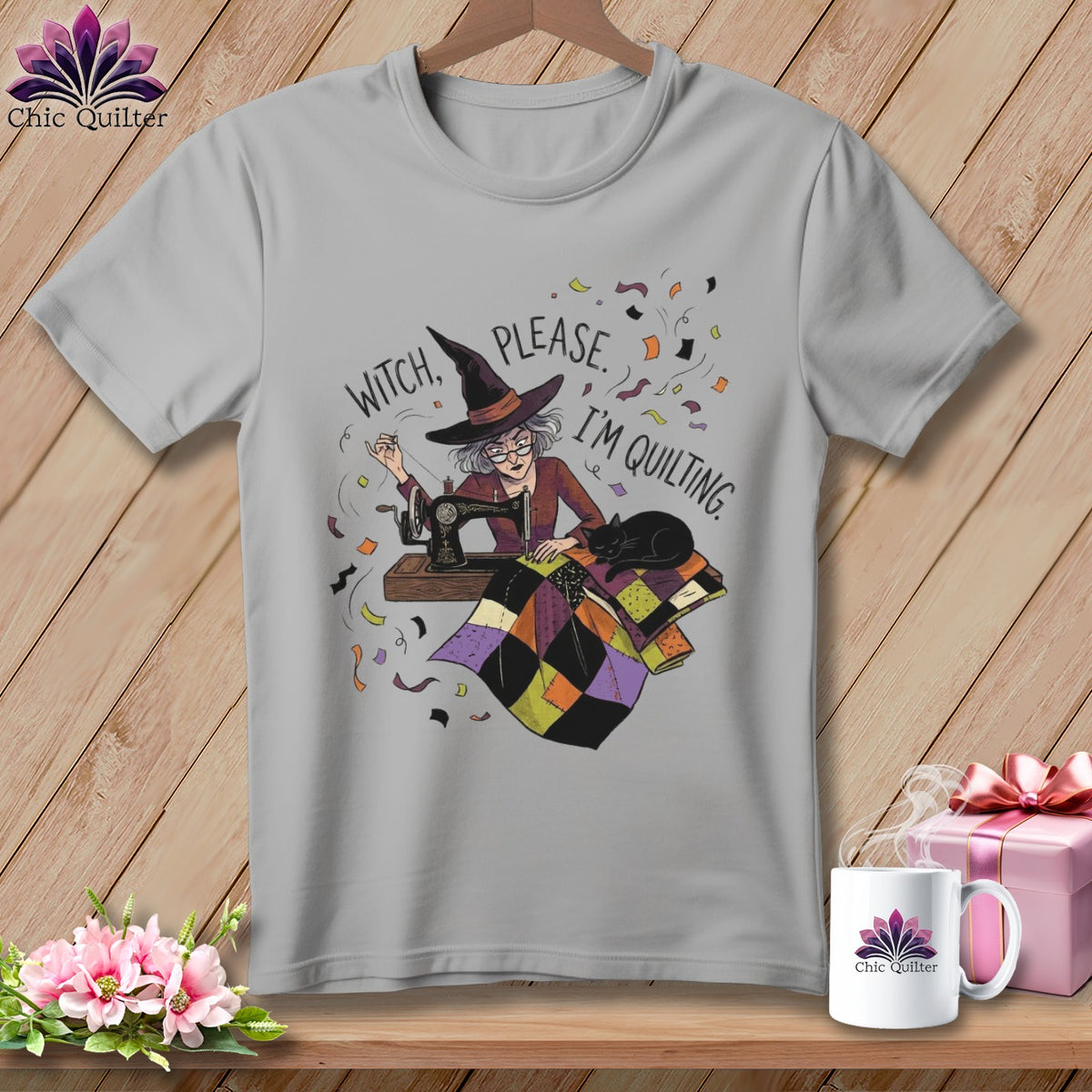Witch please, I'm quilting text with witch at sewing machine and black cat.