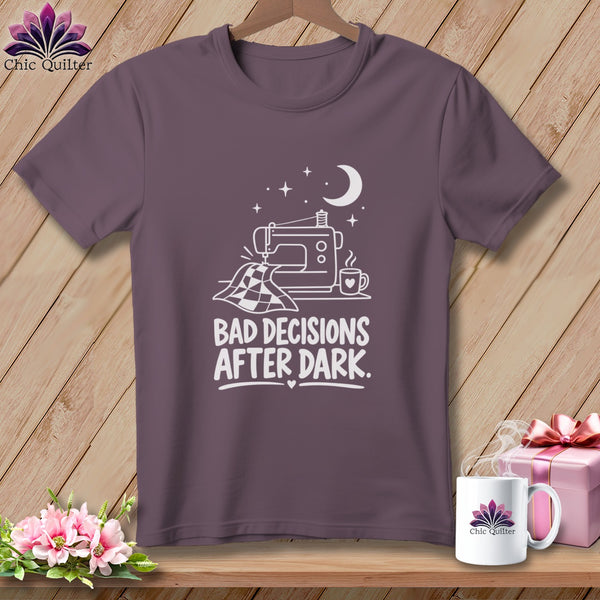 Purple t-shirt with "Bad Decisions After Dark" sewing graphic and moon.
