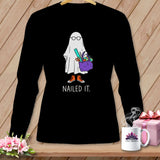Black long-sleeve shirt with a ghost holding craft supplies and the text 
