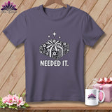 Purple t-shirt with a graphic of folded fabric and the text 
