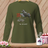 Green long-sleeve shirt with a crow perched on quilting fabric and the text 