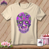 Light beige t-shirt with a patchwork skull graphic that reads 