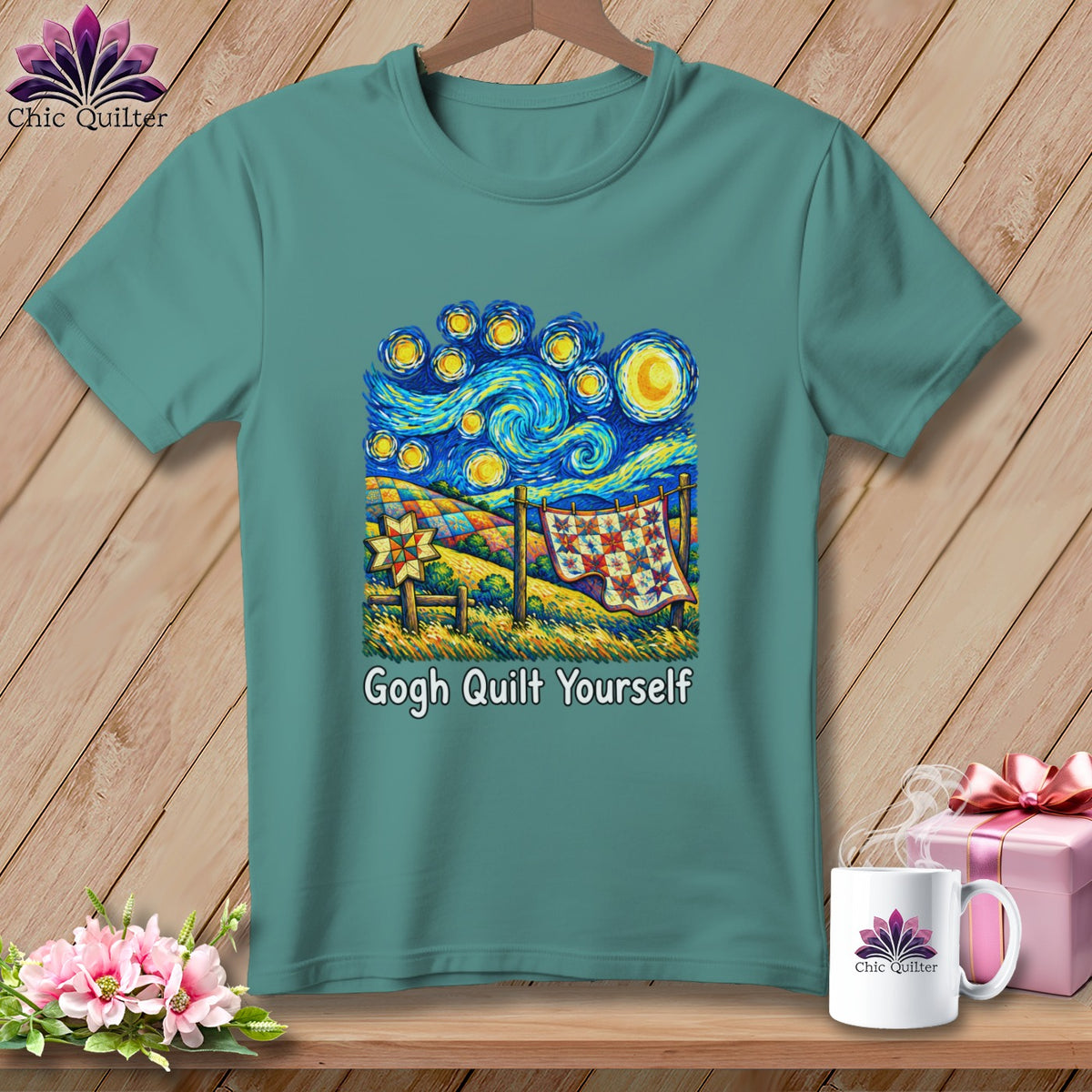 Teal t-shirt with "Gogh Quilt Yourself" text and Van Gogh-inspired quilt art.