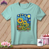 Mint t-shirt with sunflowers, sewing basket, and 