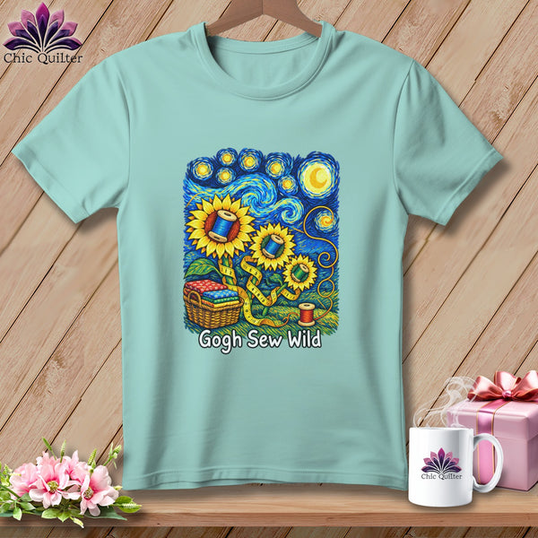 Mint t-shirt with sunflowers, sewing basket, and "Gogh Sew Wild" text.