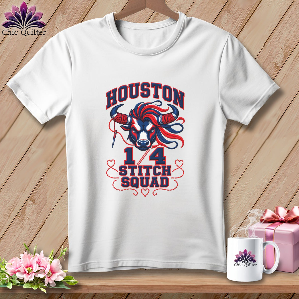 A white crewneck t-shirt with a blue and red bull graphic and Houston 1/4 Stitch Squad text.