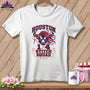 A white crewneck t-shirt with a blue and red bull graphic and Houston 1/4 Stitch Squad text.
