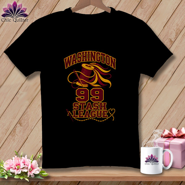 Black t-shirt featuring a quilting graphic with red and yellow text reading Washington 99 Stash League.