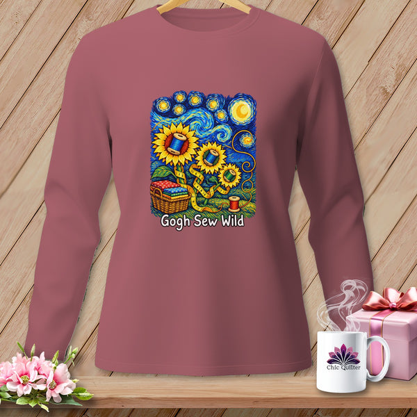 Long-sleeve shirt with sunflowers, thread, and "Gogh Sew Wild" text.