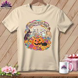 T-shirt graphic: Halloween quilters, skeleton, mummy, witch, pumpkins, and cat.