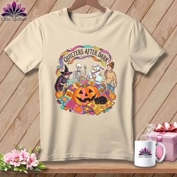 T-shirt graphic: Halloween quilters, skeleton, mummy, witch, pumpkins, and cat.