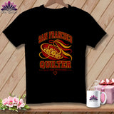 Black t-shirt featuring a red bowl of buttons graphic with San Francisco Quilter text on a wooden surface.