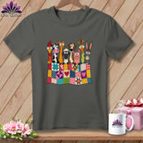 Charcoal t-shirt featuring a cartoon illustration of farm animals peeking over a colorful patchwork quilt.