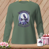 Long sleeve shirt with owl on sewing machine graphic and text 