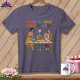 Skeleton figures sewing and quilting with text 