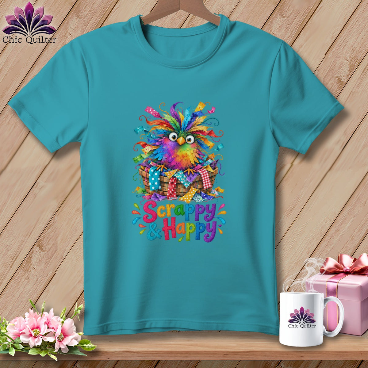 A teal t-shirt features a colorful, vibrant cartoon bird in a basket with the text "Scrappy & Happy".