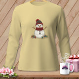 Long-sleeve beige sweatshirt with a quilted snowman graphic, red hat, and sewing spools.