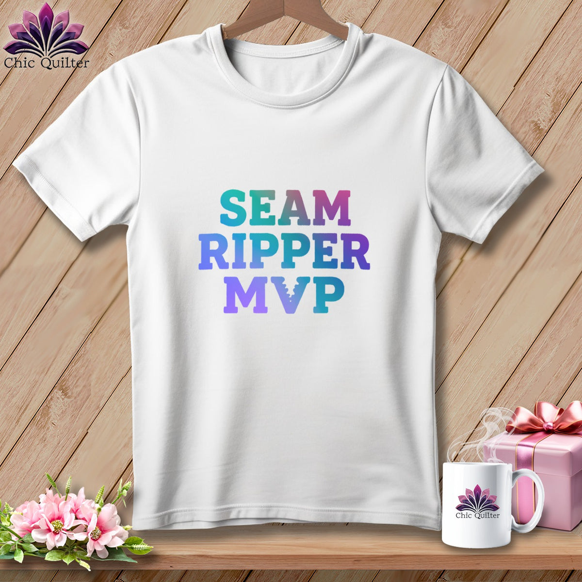 White t-shirt with "SEAM RIPPER MVP" text in gradient colors.