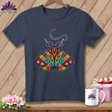 Dark blue t-shirt with colorful patchwork moth and sewing graphic.