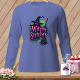 Purple long-sleeve shirt with black cat, witch hat, broom, and 