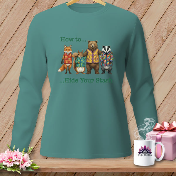 Teal long-sleeve shirt with cartoon fox, squirrel, bear, and badger wearing quilted vests.