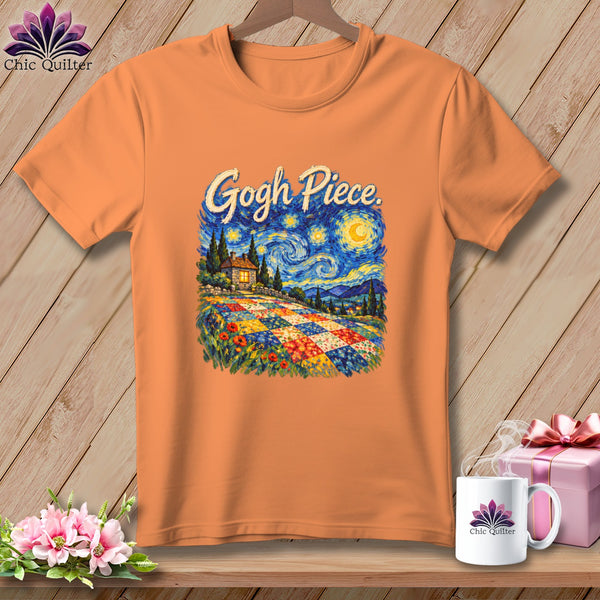 An orange t-shirt displays a graphic of a starry night landscape with a colorful quilt foreground and the text "Gogh Piece."