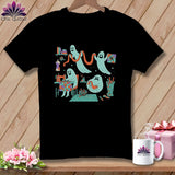 Black t-shirt with ghosts sewing, quilting, and playing with yarn.