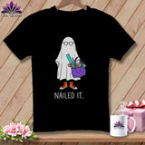 Black t-shirt with a ghost wearing glasses and carrying a bag of craft supplies.