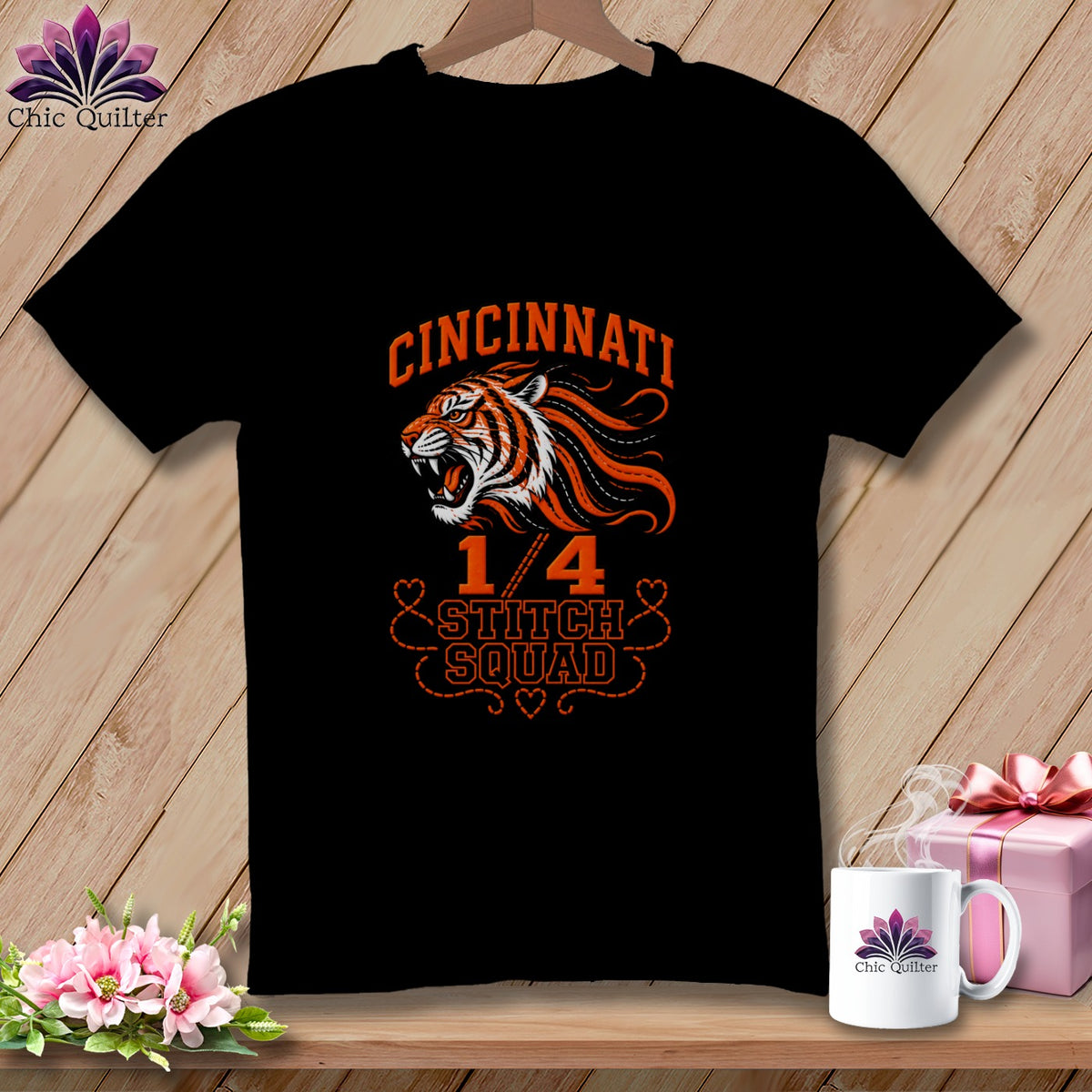 Black t-shirt featuring an orange and white tiger graphic with Cincinnati 1/4 Stitch Squad text.