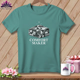 Teal t-shirt with a folded quilt graphic and 