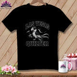 Black short-sleeve t-shirt featuring a black and white graphic of a pirate bird holding a thread spool and the text 