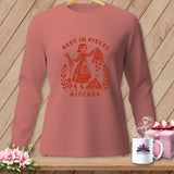 Dusty rose long-sleeve shirt with orange graphic: 