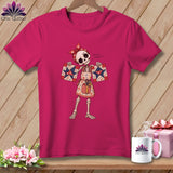 Skeleton wearing bandana and apron holding quilt squares, 