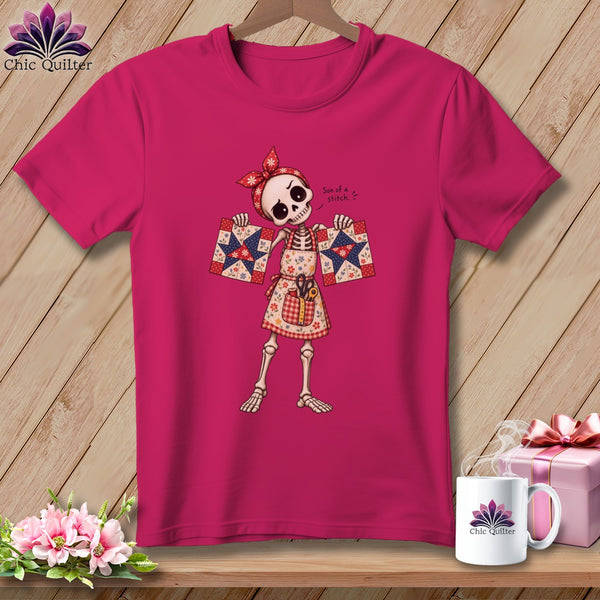 Skeleton wearing bandana and apron holding quilt squares, "Son of a stitch" text.