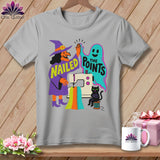 Witch, ghost, cat, and sewing machine graphic with text 