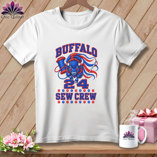 A white t-shirt featuring a blue and red buffalo graphic, the text Buffalo Sew Crew 24, and sewing-themed elements.