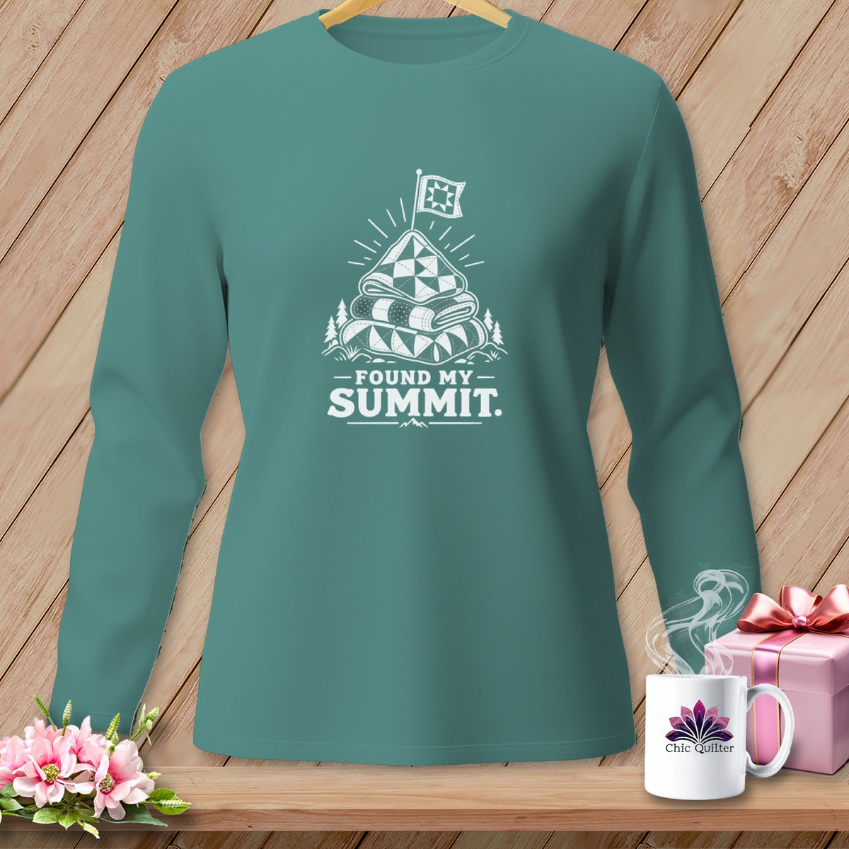 Long sleeve shirt with "Found My Summit" text and quilt graphic.