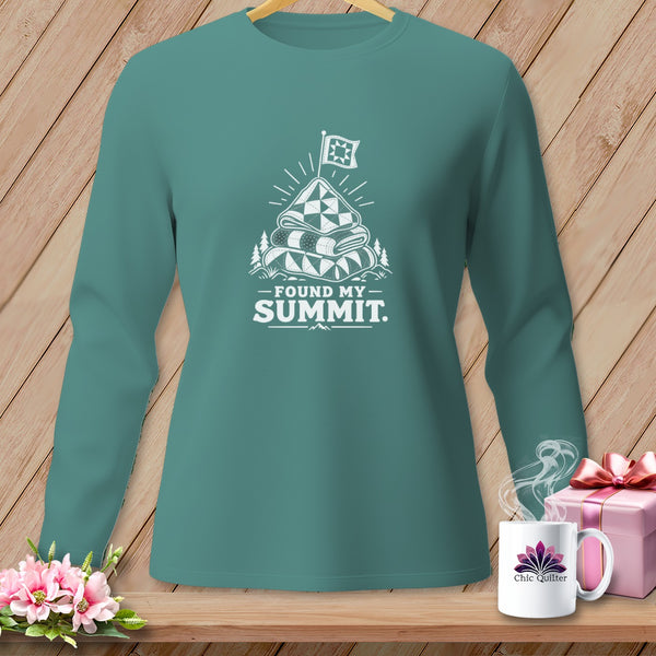 Long sleeve shirt with "Found My Summit" text and quilt graphic.
