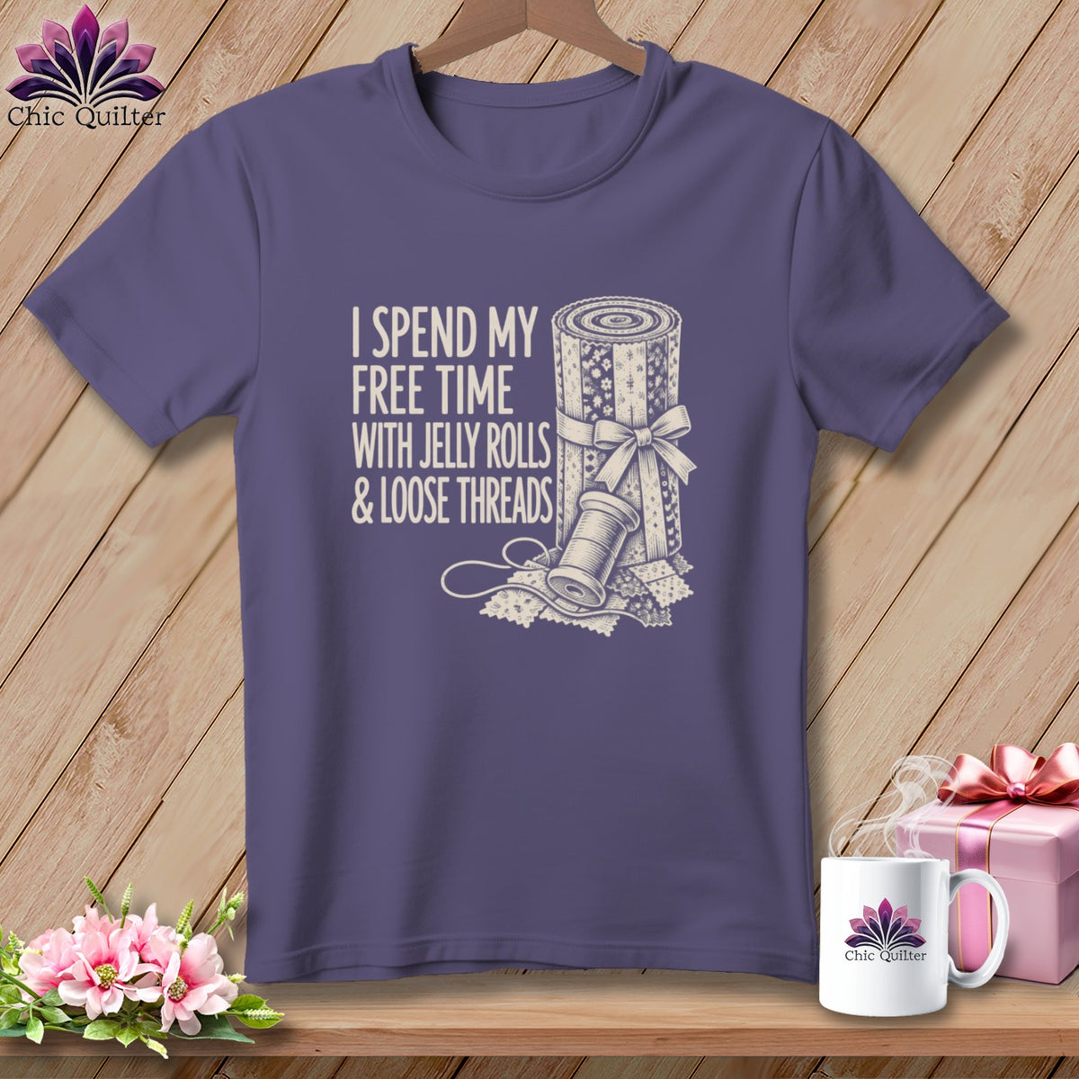 Purple t-shirt with "I spend my free time with jelly rolls & loose threads" text.